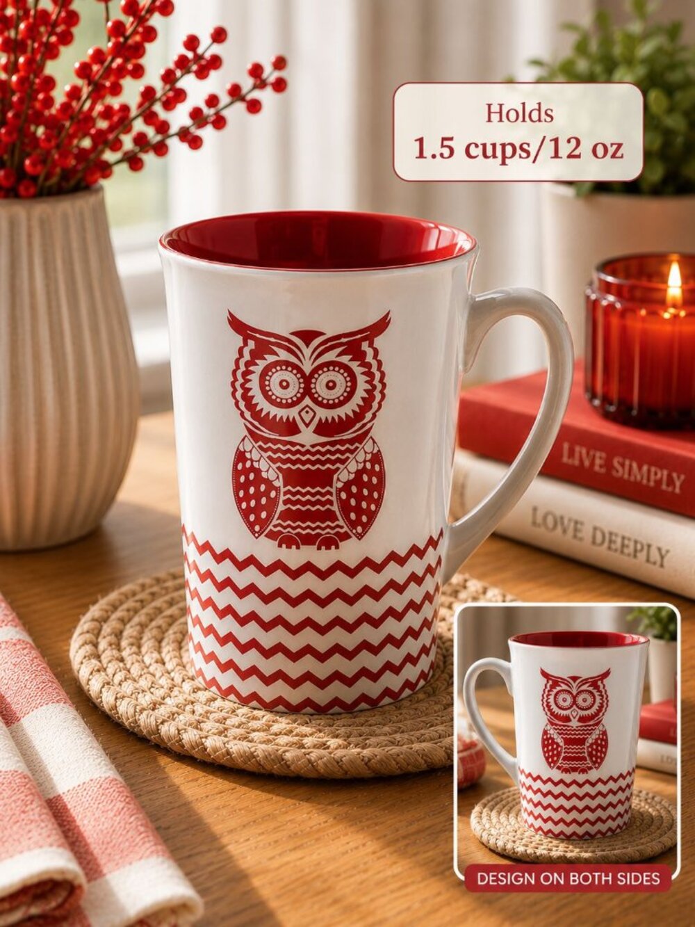 Red & White Owl Ceramic Coffee Mug 12 oz 1.5 Cup Tall Latte Tea Cup Chevron